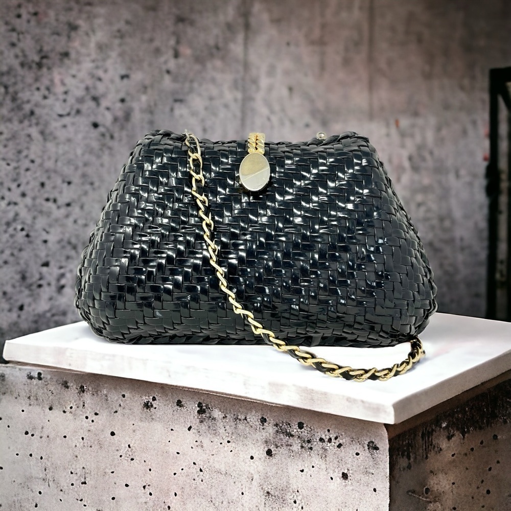 Vintage Gloss Black Hard Structured Woven Crossbody Bag